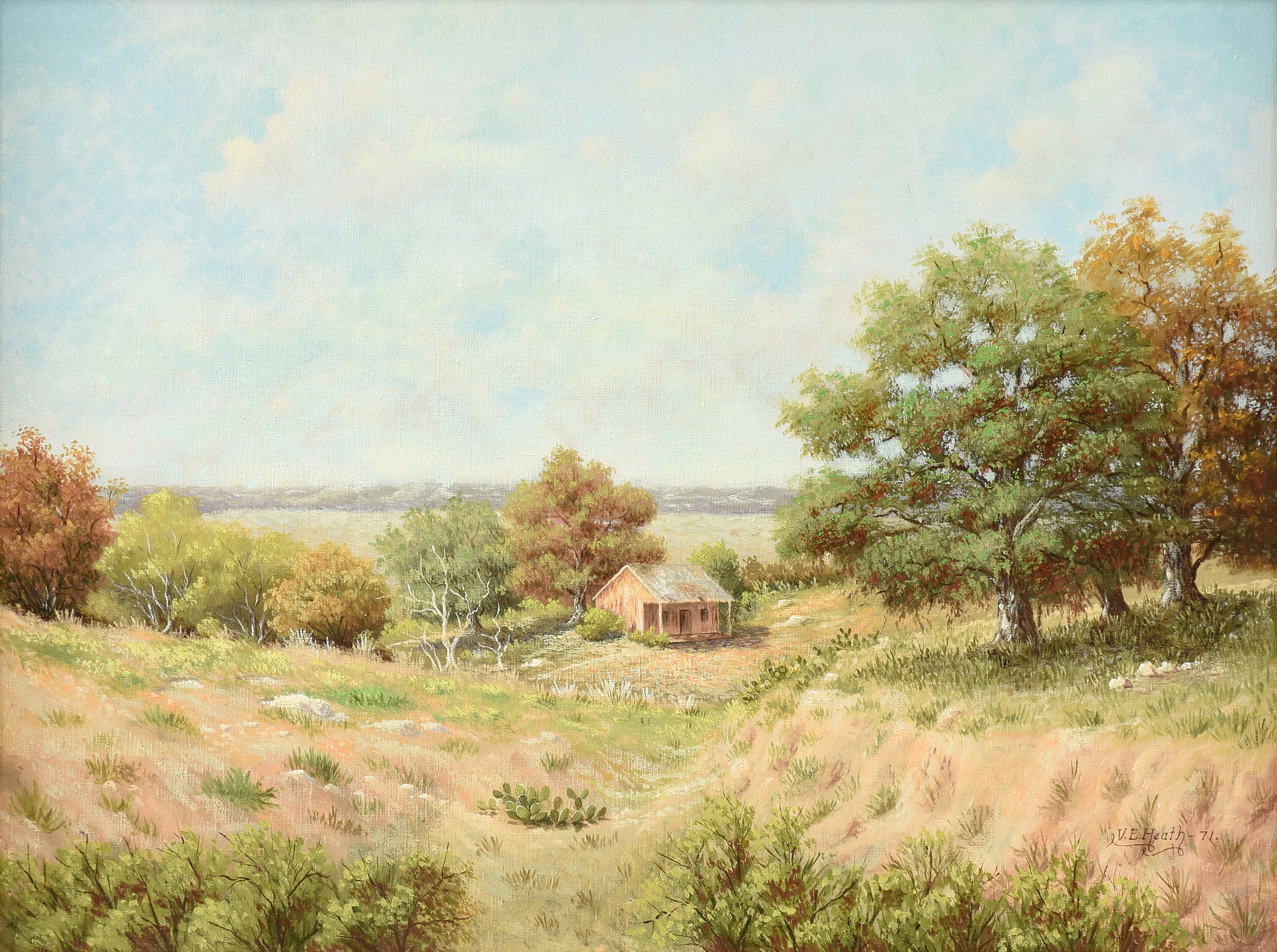 V.E. HEATH (American/Texas 20th Century) A PAINTING, "Pioneer Cabin in the Texas Hill Country,"