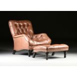 A CHESTERFIELD BROWN TUFTED LEATHER READING CHAIR AND OTTOMAN, 20TH CENTURY, each with brass