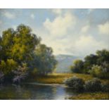 AUBREY DALE GREER (American/Texas 1904-1998) A PAINTING, "Landscape with Stream," 1991, oil on