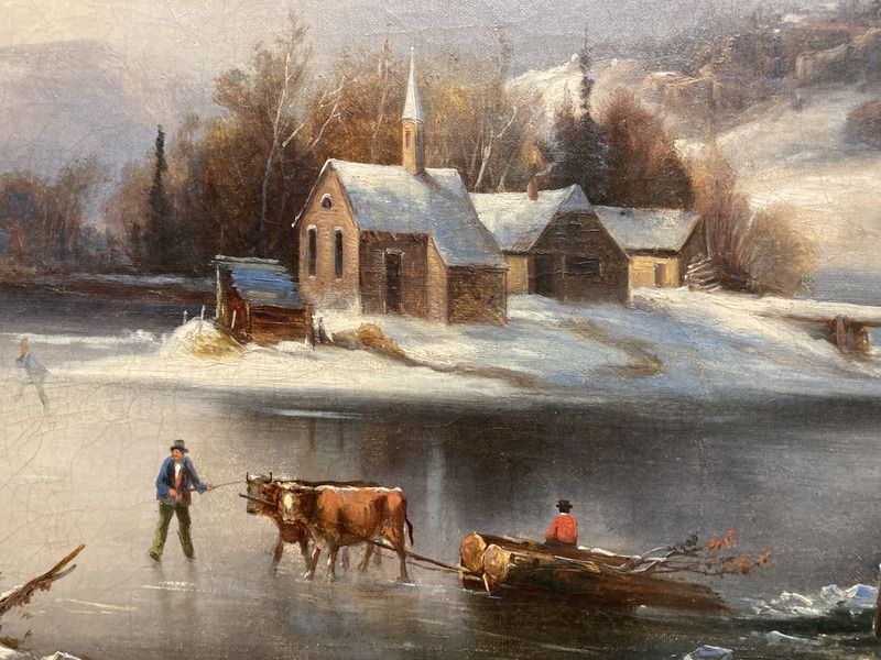 American School, 19th Century Winter View with Figures and Oxen on the Ice - Image 3 of 6