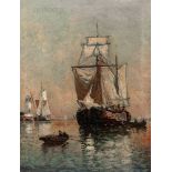 Laurits Bernhard Holst (Danish, 1848-1934) Sailing Vessel in a Quiet Harbor with Approaching Di