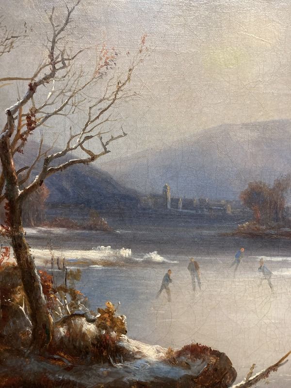 American School, 19th Century Winter View with Figures and Oxen on the Ice - Image 4 of 6