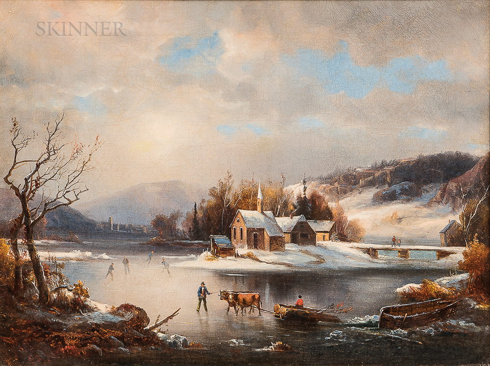 American School, 19th Century Winter View with Figures and Oxen on the Ice