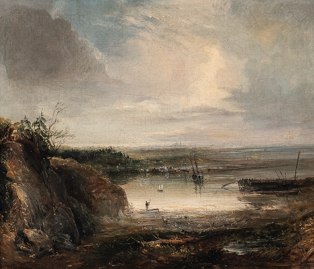 Attributed to Carrie L. Brown (American, fl. circa 1887) Quiet Harbor at Low Tide with Distant