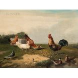 Frans Van Severdonck (Belgian, 1809-1889) Rooster, Hens, Chicks, Ducks, and Pigeon in a Landsca