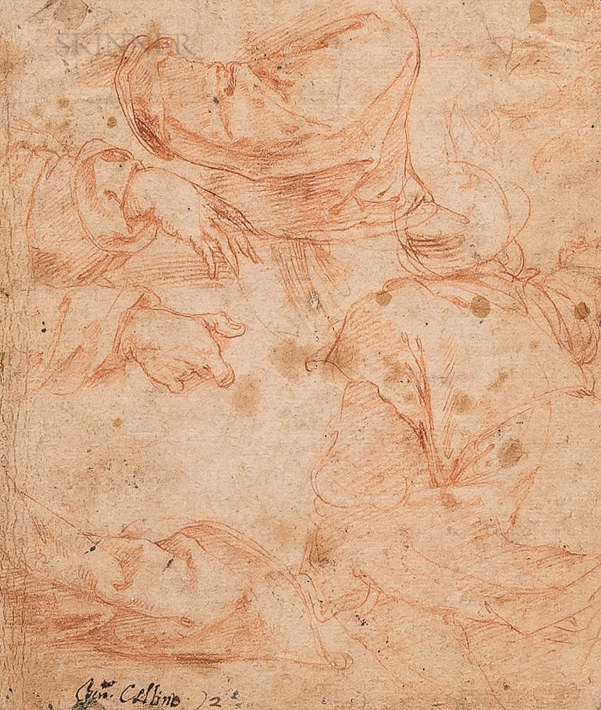 Italian School, 16th Century Two Fragmentary Double-sided Sketches: Study of Hands and Drapery (ver