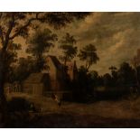 Dutch School, 17th Century Village View with Figures and Dogs on a Lane