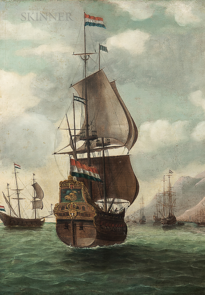 Dutch School, 17th Century Style Dutch Ship Approaching a Mountainous Coast