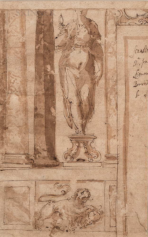 Italian School, Probably Parma, 16th Century Sketch of an Interior with Niche Sculpture and Her - Image 2 of 11