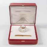Cartier "Must de" Inkwell and 18kt Gold Fountain Pen Set, gold and black lacquer pen with an 18kt go