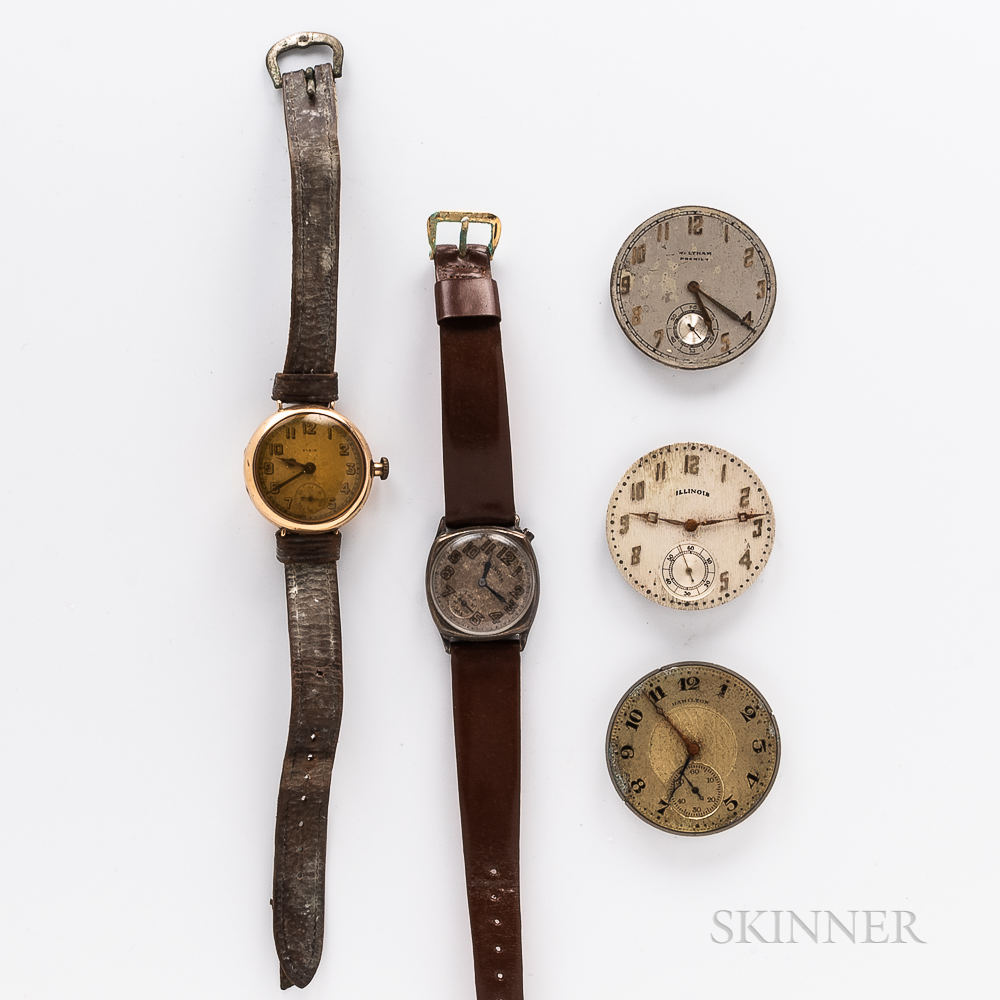 Two American Wristwatches and Three Pocket Watch Movements, Illinois and Elgin wristwatches in gold- - Image 2 of 2