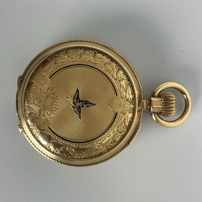 Perret & Co. 18kt Gold and enameled Hunter-case Watch, fully engraved and engine-turned case, roman - Image 7 of 10