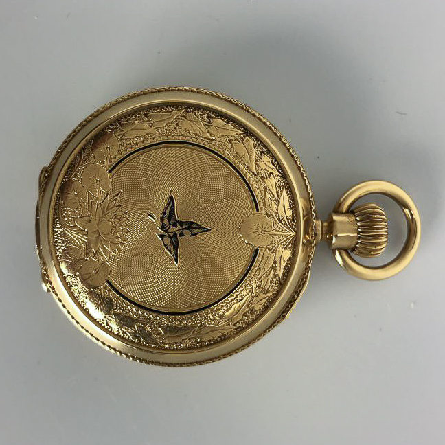 Perret & Co. 18kt Gold and enameled Hunter-case Watch, fully engraved and engine-turned case, roman - Image 8 of 10