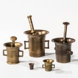 Three Brass Mortar and Pestles and a Small Mortar, Europe, ht. 2 to 5 1/2 in.