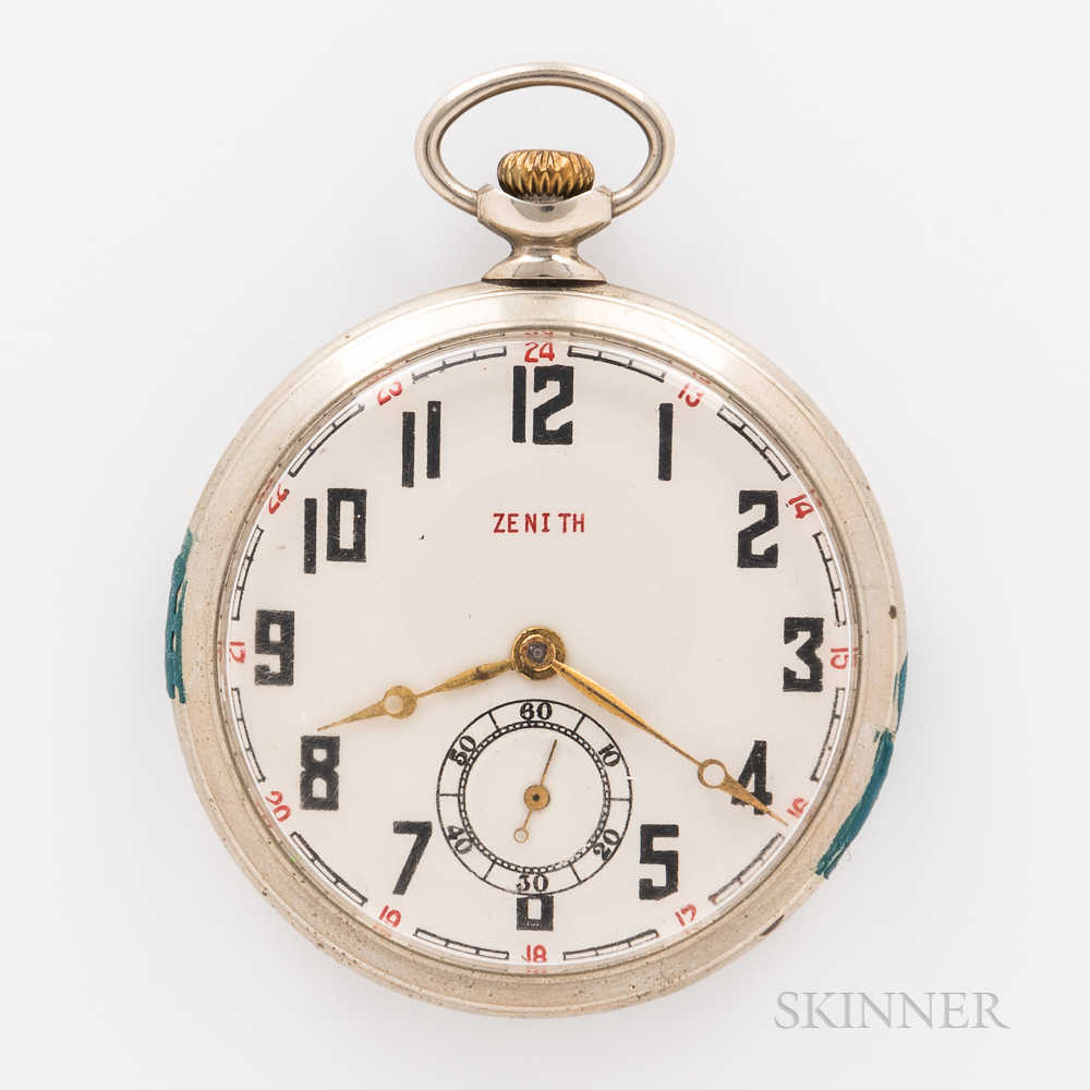 Zenith Open-face Watch, arabic numeral with dial with red 24-hour outer track, gilt hands, and sunk - Image 2 of 6