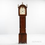New England Cherry Tall Clock, c. 1830, black and gilt-painted fret over the free standing reeded co