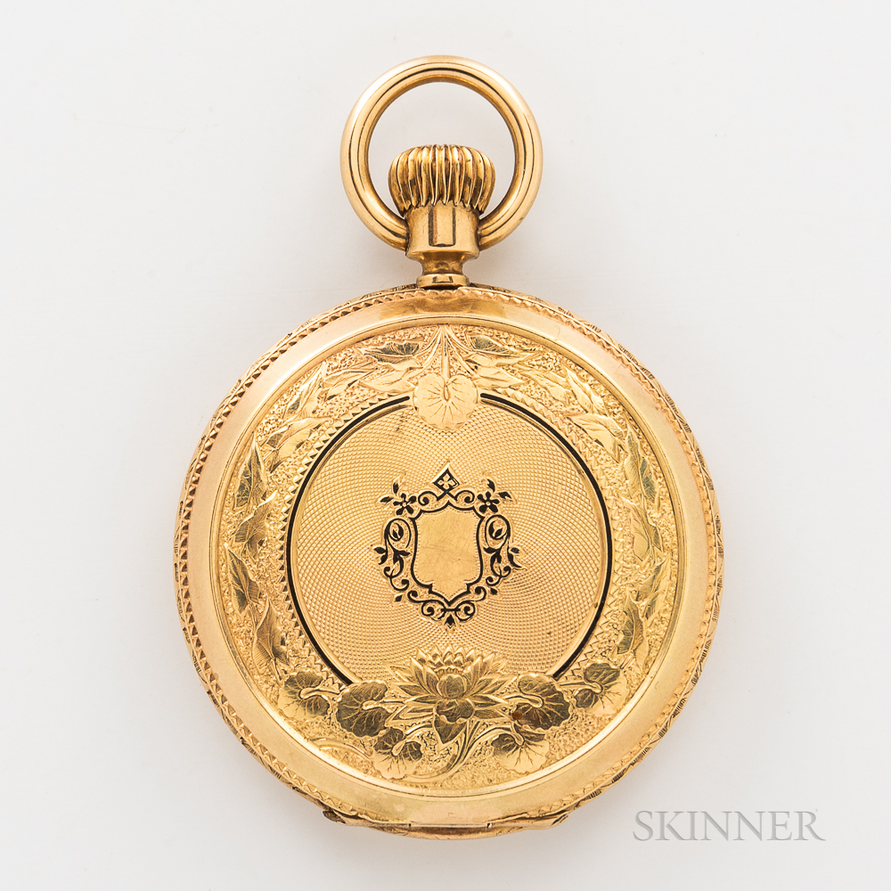 Perret & Co. 18kt Gold and enameled Hunter-case Watch, fully engraved and engine-turned case, roman