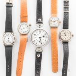 Five Waltham Wristwatches, 15-jewel converted pocket watch with display back, an offset crown roman