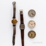 Two American Wristwatches and Three Pocket Watch Movements, Illinois and Elgin wristwatches in gold-