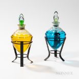 Pair of Colorless Glass Countertop Apothecary Show Globes, mounted to custom made iron stands, globe