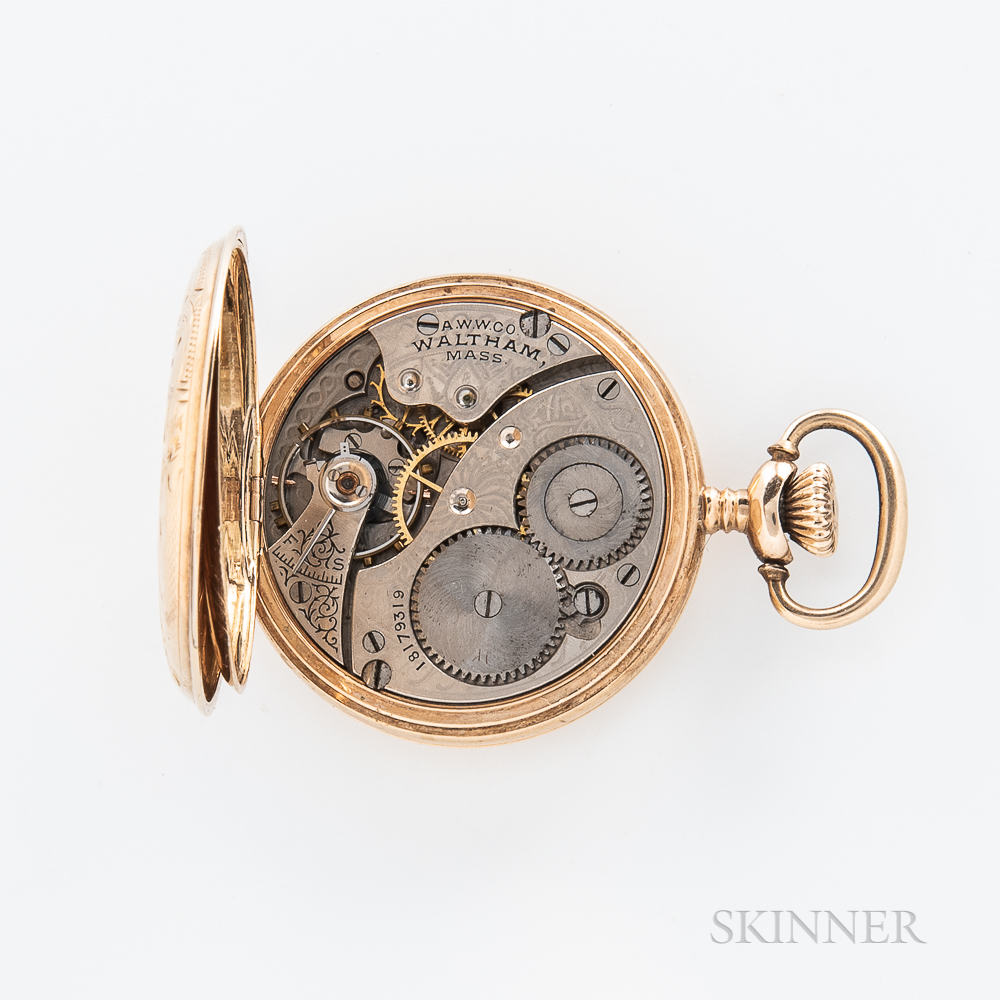 Waltham 14kt Gold Hunter-case Pendant Watch, bird- and floral-engraved case, with arabic numeral dia - Image 5 of 6