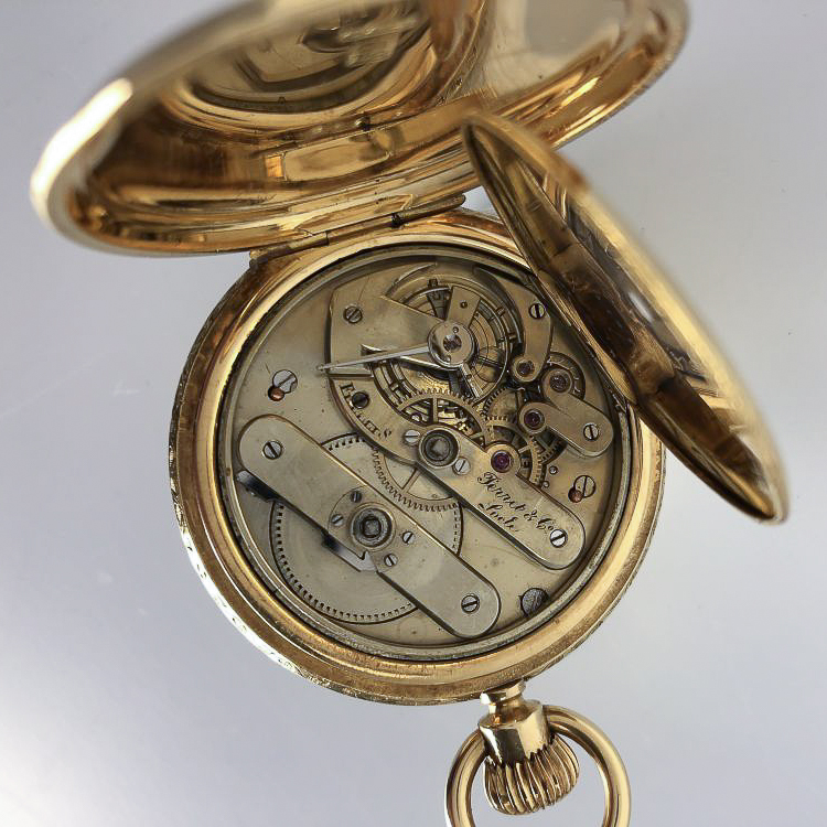 Perret & Co. 18kt Gold and enameled Hunter-case Watch, fully engraved and engine-turned case, roman - Image 5 of 10