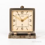 LeCoultre Art Deco Alarm Desk Clock, chrome-plated brass case with ivory-tone dial, applied gilt ind