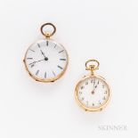 Two 14kt Gold Open-face Pendant Watches, arabic numeral stem-wind, pin-set example with an engraved
