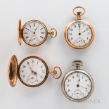 Two 14kt Gold Hunter-case Watches and Two Others, a 15-jewel hunter-case Waltham in a gold case; a J