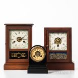Three American Shelf Clocks, cast iron Terry Clock Co. "Time-Piece" with rear label, and two cottage