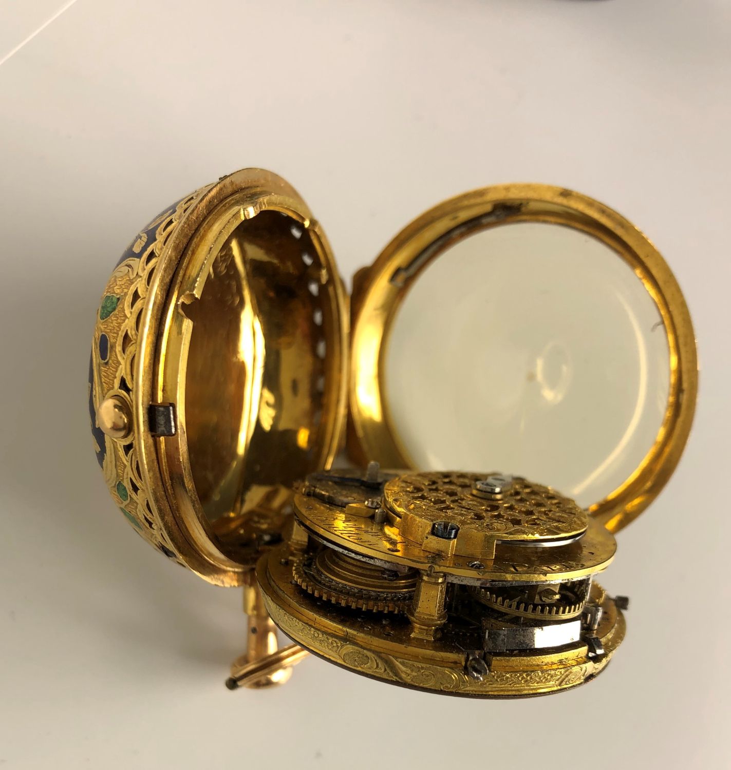 Jean Baptiste Baillon 18kt Gold Enameled Open-face Watch, Paris, mid-18th century, roman numeral ena - Image 11 of 12