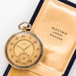 Swiss 18kt Gold Open Face Watch, tricolor dial marked "Chronometre/Geneve," with matted gilt chapter