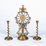 Unusual French Brass Candlestick Clock, last quarter 19th century, scroll-form brass case with a hin