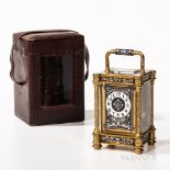 Engraved Grand Sonnerie Cloisonne Carriage Clock, France, engraved gilt-brass case with blue and whi