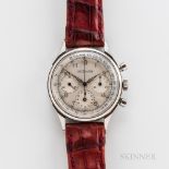 LeCoultre Three-register Stainless Steel Chronograph, c. 1960s, silvered dial with applied arabic nu