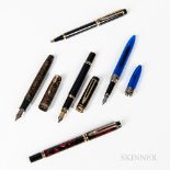 Five Miscellaneous Pens, Waterman black lacquer and gilt fountain pen and rollerball set, nib marked
