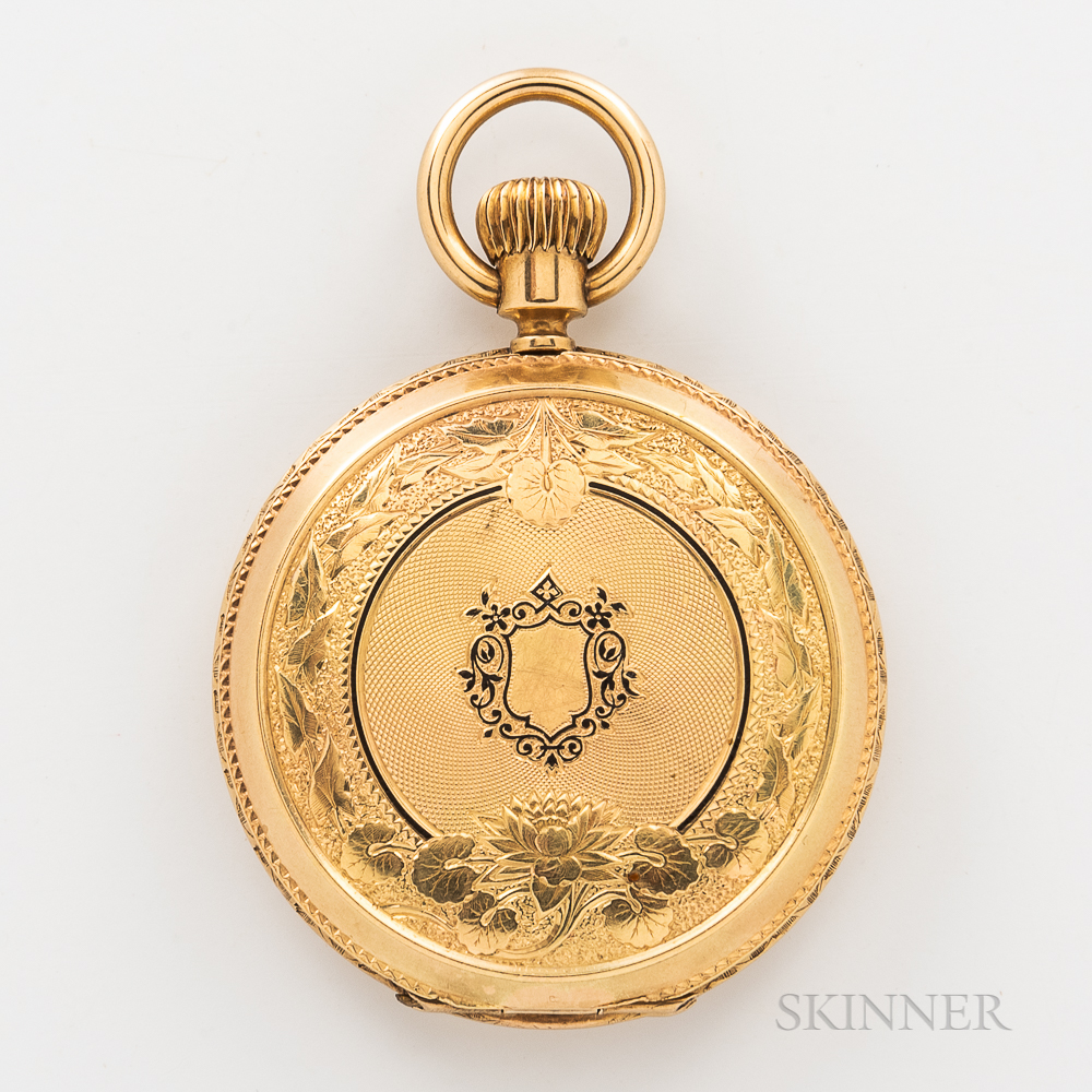 Perret & Co. 18kt Gold and enameled Hunter-case Watch, fully engraved and engine-turned case, roman - Image 2 of 10