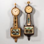 Two American "Banjo" Clocks, 20th century, a mahogany Waltham time-only with patriotic glasses, sign