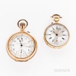 Two Open-face Watches, unmarked 18kt gold Swiss with roman numeral dial, stem-wind, pin-set swiss ba