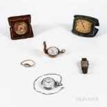 Four Watches and Two Travel Clocks, Waltham open-face 15-jewel watch with "special" dial and chain;