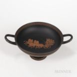 Wedgwood Encaustic Decorated Black Basalt Font, England, early 19th century, loop handles to a circu