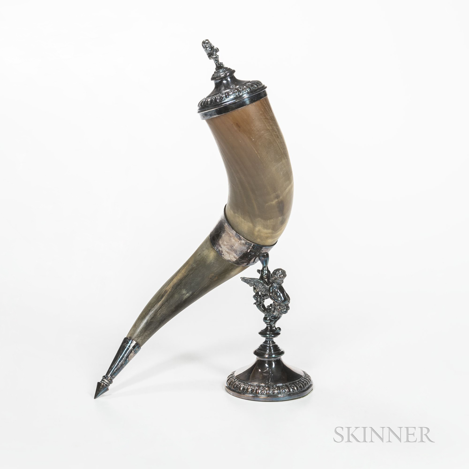 Continental Silver-mounted Horn, probably Sweden, mid-19th century, with a figural base and stem rai