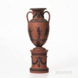 Wedgwood Rosso Antico Vase on Drum Base, England, early 19th century, applied black basalt relief, t