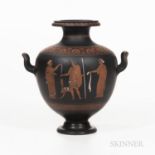 Wedgwood Encaustic Decorated Black Basalt Vase, England, 19th century, upturned loop handles, iron r