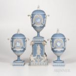 Three-piece Wedgwood Tricolor Jasper Garniture, England, 19th century, each solid light blue ground