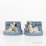 Pair of Wedgwood Solid Light Blue Jasper Figural Bough Pots, England, late 18th century, applied whi