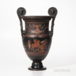 Wedgwood Encaustic Decorated Black Basalt Volute Krater Vase, England, 19th century, mask handles te