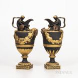 Pair of Wedgwood Gilded and Bronzed Black Basalt Wine and Water Ewers, England, late 19th century, t