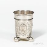 Continental .750 Silver Beaker, late 19th century, with three coins mounted to sides on bun feet, ht