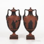 Pair of Wedgwood Rosso Antico Vases and Covers, England, early 19th century, applied black basalt re